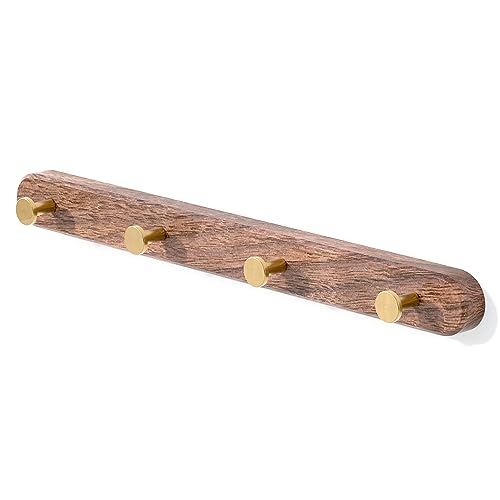 16 Inch Walnut Wood Wall Mounted Coat Rack with 4 Golden Round Hooks, Adhesive Mounted Entryway Hooks, Modern Natural Wooden Pegs for Hanging Coat Clothes Hat Bag Purse Key and Towel - color: Coat Rack with 4 Gold Round Hooks