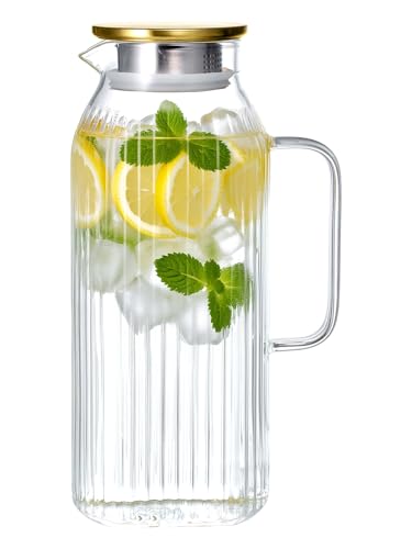 GLASKEY 2.1 Liter 71oz Square Glass Pitcher with Lid, Classic Stripes Water Pitchers with Handle for Fridge, Leak Proof Juice Jug, Borosilicate Glass Carafe for Hot/Cold Brew Drink - size: 71 Ounces