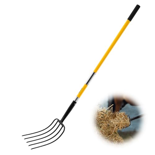 VEVOR Garden Fork, 5-Tine Gardening Pitchfork with Fiberglass Handle, 57 in Heavy Duty Digging Fork with Y Grip, Forged Steel Spading Fork for Hay Potato Composting Transplanting Aeration - size: 5-Tine, style: Fiberglass Handle & Steel Fork