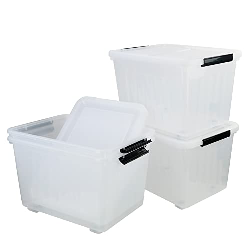 50 Quart Plastic Wheeled Storage Bin, 4 Pack Latching Storage Box | Trasnparent Plastic Material, Stackable - size: 50 Quart