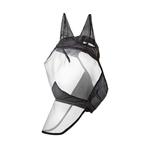 Harrison Howard CareMaster Horse Fly Mask Long Nose with Ears Full Face Black/Silver Retro Small Pony - color: Black/Silver, size: Pony (Small)
