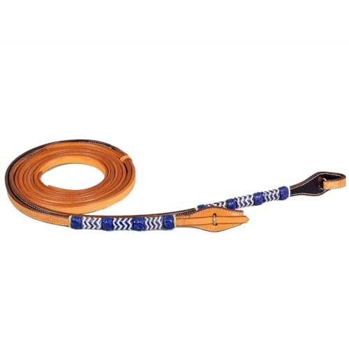 Western Horse 8ft Blue Rawhide Braiding American Leather Split Reins - color: Tan