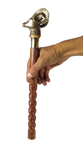 Handcrafted Spiral Brown Wooden Walking Stick with Brass Golden Wild Sheep Head Handle Foldable Durable Walking Cane for Seniors & Adults
