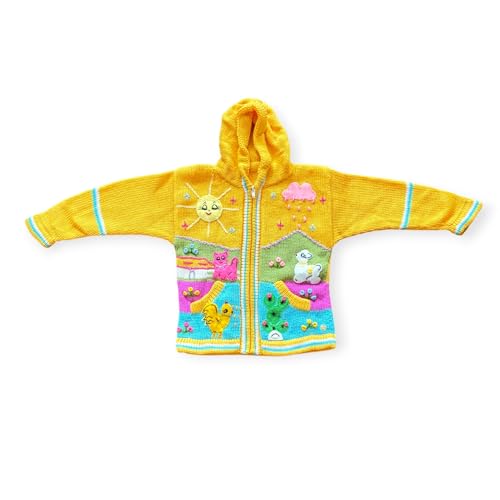 Peruvian Wool Knitted Sweater with hoodie for babies & toddlers, Unisex, Chompas Peruanas, fall winter sweater - color: Yellow, size: 6
