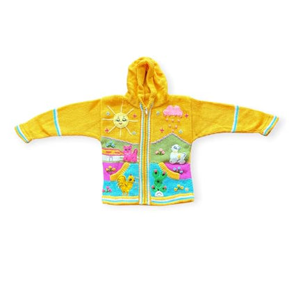 Peruvian Wool Knitted Sweater with hoodie for babies & toddlers, Unisex, Chompas Peruanas, fall winter sweater - color: Yellow, size: 6