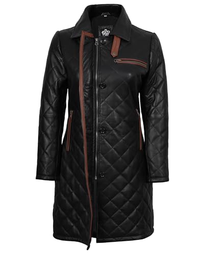 fjackets Lambskin Stylish Leather Car Coats for Womens - Real Long Leather Jacket Women Casual Leather Coat Women Outerwear - color: Glen Quilted Black Women's Leather Coat, size: Medium