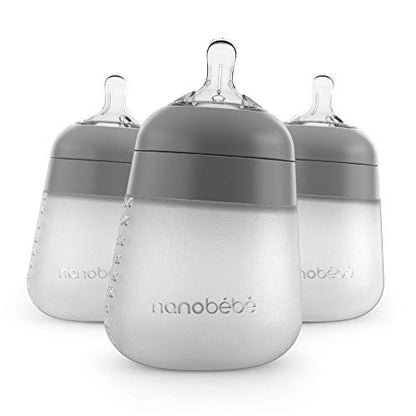 Nanobebe Flexy Silicone Baby Bottle, Anti-Colic, Natural Feel, Non-Collapsing Nipple, Non-Tip Stable Base, Easy to Clean, 3-Pack, Gray, 9oz - color: Grey, style: 9 Ounce 3-Pack