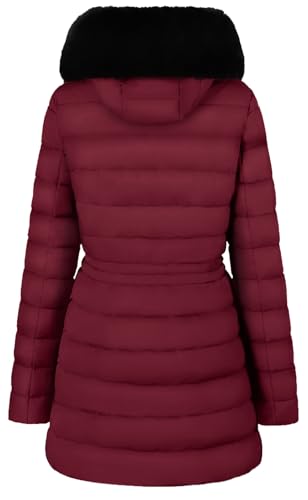 BodiLove Women's Fur Hooded Thickened Jacket with Fleece Lining - color: Burgundy Hip-length, size: Small