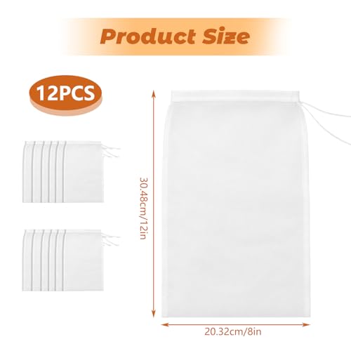 12Pcs Cheese Cloth Bag For Straining Reusable Nut Milk Bags Nylon Washable Fine Mesh Strainer Bags for for Almond Yogurt Juice Cheese Making Cold Brew Coffee Beer Tea (12Pcs（12''x8'')