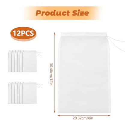 12Pcs Cheese Cloth Bag For Straining Reusable Nut Milk Bags Nylon Washable Fine Mesh Strainer Bags for for Almond Yogurt Juice Cheese Making Cold Brew Coffee Beer Tea (12Pcs（12''x8'')