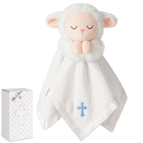 Lamb Baptism Blanket, Lamb Loveys Baptism Gifts for Baby Boys | White Security Blanket with Embroidered Blue Cross, Soft 12in Baby Blanket for Newborns Toddlers for Christening Baby Showers - color: White Lamb Blue Cross