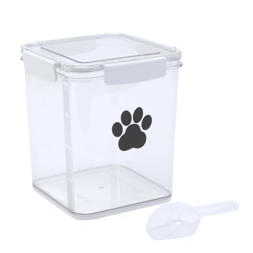 4L Dog Food Storage Container,Airtight Pet Food Storage Containers with Buckle-Lock Lids & Spoon,Plastic Cat Food Bin BPA Free,Dog Treat Container for Dog, Cat, Bird Seed - Bright White