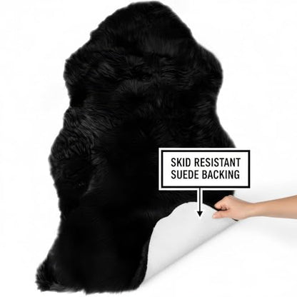 Super Area Rugs Black Sheepskin Rug Genuine Single 2x3ft Pelt Fluffy Fur Seat Cushion and Chair Cover - color: Dark Black, size: 2' x 3' (Natural)