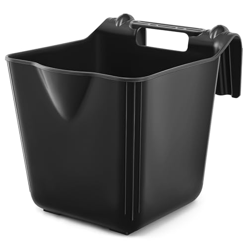 Marsui 1 Pcs 15 Quart Horse Feeders for Stall Hook Over Hanging Fence Hay Feeder Mountable Livestock Plastic Feed Bucket for Farm Stalls Pasture, Stable to Feed Horses Sheep Cattle Cows Etc (Black)