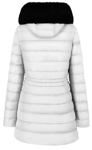BodiLove Women's Fur Hooded Thickened Jacket with Fleece Lining - color: White Hip-length, size: Small