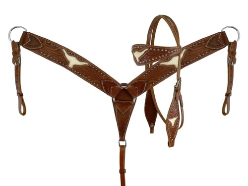 Showman Tooled Leather Headstall & Breast Collar w/Cut Out Steer Heads & Cowhide - color: Medium Oil