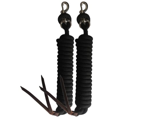 Majestic Ally 14' Pack of 2 Poly Training Lead Rope with Leather Popper for Horses & Livestock – 14 Foot Long and 5/8 inch Thick - Replaceable Heavy-Duty Bolt Snap (Black) - color: Black