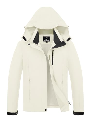 Womens Waterproof Rain jacket Lightweight Raincoat with Removable Hood - color: Cream, size: Medium