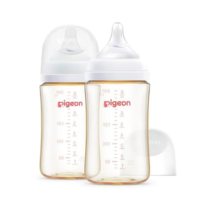 Pigeon PPSU Wide Neck Anti-Colic Nursing Baby Bottle, 8 oz, 2-Pack | Includes 2 M Nipples (3m+): Equipped with 2 natural-feel, medium-flow nipples; features a streamlined body for easy cleaning. - color: 8 Oz, 2 Packs