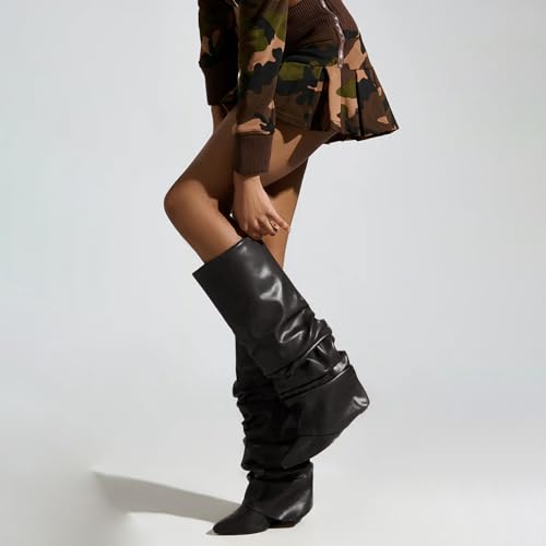 Yishaweiqi Slouched Ruched Fold Over Boots for Women Covered Wedge Heel Patent Leather Knee High Boots Wide Calf Pointed Toe Casual Boots - color: Black Pu Leather, size: 6