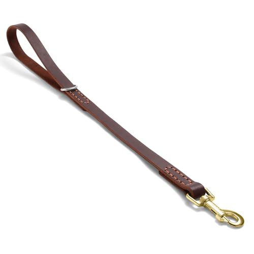 Leather Dog Leash, Strong Traffic Pet Short Lead & Heavy Duty Metal Hook for Training and Walking. (1.5ft L x 1.8cm W) - size: 1.5 ft L x 0.75 in W