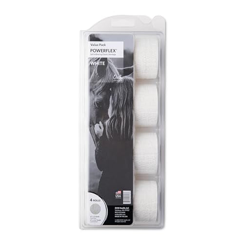 OVIK Health PowerFlex Equine – Extra Strong Self-Adhering Bandage Wrap – Wound Care, Compression & Support Bandage for Horses, Cows & Dogs – White, 4 inch, 4 Rolls (Resealable Case) - color: White