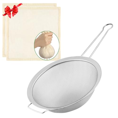 Large Fine Mesh Strainer with Sturdy Handle, 8.66” Stainless Steel Strainers, Bonus 20x20 Inch Reusable Cotton Cheese Cloths with 4 Hemmed Edges, Sieve Sifter for Straining, Cooking, Baking