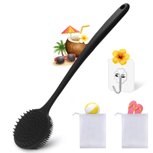 Silicone Body Scrubber for Shower Men Women – Dual-Sided Exfoliating & Massage Shower Brush with Long Handle, Creates Rich Lather, Includes 1 Hook & 2 Lather Balls (Black). - color: Black