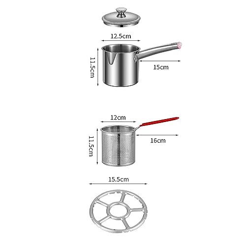 Stainless Steel Deep Fryer Pot Small Deep Fryer Pot Multifunction with Strainer Basket Butter Warmer Pot Milk Pan for Home Restaurant, Burner Rack 1.2L