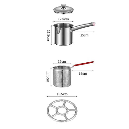 Stainless Steel Deep Fryer Pot Small Deep Fryer Pot Multifunction with Strainer Basket Butter Warmer Pot Milk Pan for Home Restaurant, Burner Rack 1.2L