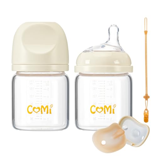 COMI Natural Glass Baby Bottles for Breastfeeding Babies,Newborn Anti-Colic Baby Bottle Set with Slow Flow Nipple,0-3 Months,BPA-Free,6 oz,2 Pack - style: 6 oz(2 Pack with Pacifier)
