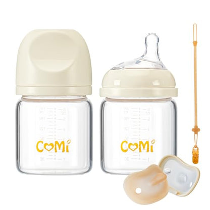 COMI Natural Glass Baby Bottles for Breastfeeding Babies,Newborn Anti-Colic Baby Bottle Set with Slow Flow Nipple,0-3 Months,BPA-Free,6 oz,2 Pack - style: 6 oz(2 Pack with Pacifier)
