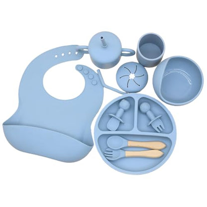 Silicone Baby Feeding Set Whimsy Blue Infant Tableware Collection with Bib Suction Bowl Utensils Straw Cup Snack Container - color: Whimsy Blue
