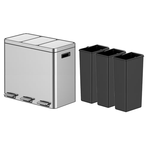 3 Compartment Trash Can, 3 x 5.3 Gallon Kitchen Bin, Stainless Steel Recycling Bin, with Soft-Close Lids & Removable Inner Baskets, for Kitchen Home Office - size: 3 x 5.2 Gallon