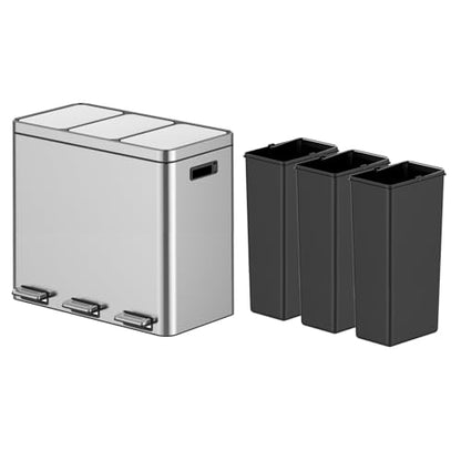 3 Compartment Trash Can, 3 x 5.3 Gallon Kitchen Bin, Stainless Steel Recycling Bin, with Soft-Close Lids & Removable Inner Baskets, for Kitchen Home Office - size: 3 x 5.2 Gallon