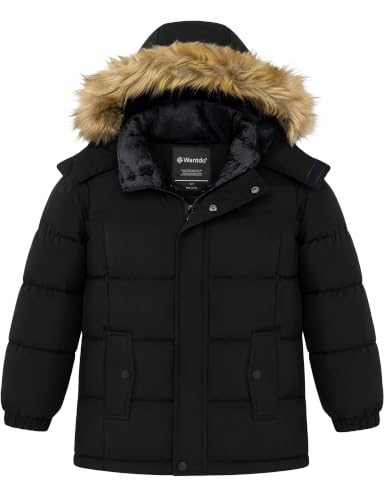 wantdo Boy's Winter Puffer Coats Thick Warm Snow Jacekets Detachable Hood | Removable Faux Fur, Fleece Lining, Windproof, Machine Washable - color: Black, size: 14-16