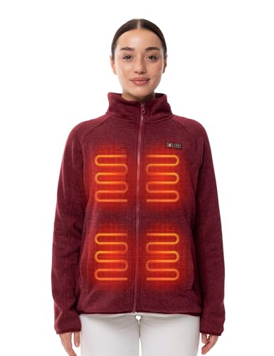 HENNCHEE Heated Fleece Jackets for Women with 12V 16000mAh Power Bank | Dual Control 5 Carbon Fiber Heating Zones Zip Up Heating Sweater, 3 Levels Heated Knitted Sweatshirt Coat - color: Maroon, size: Small