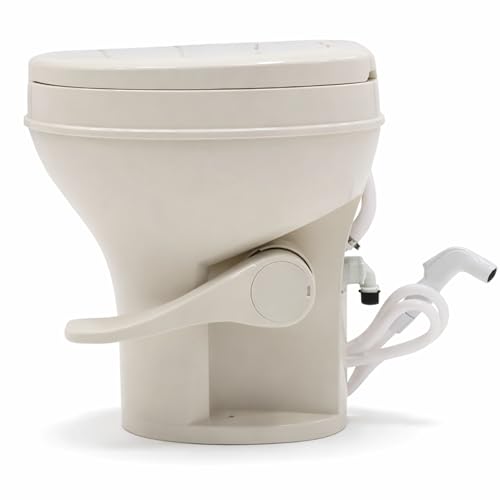 SEAFLO Residential Height Bone Camper/RV Toilet with Sprayer Attachment, 18.5” Standard Height, Gravity Flush System, Pedal Operation, Soft Close Seat, 4-Year Warranty (Bone W/Sprayer Attachment) - color: Bone w/Sprayer