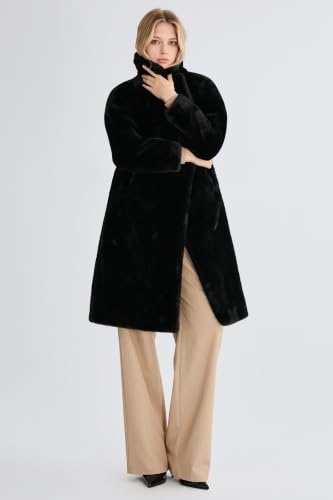 Orolay Women's Fuzzy Fleece Winter Jacket Faux Fur Lapel Coat Mid-Length Sherpa Teddy Coat - color: Black, size: Medium