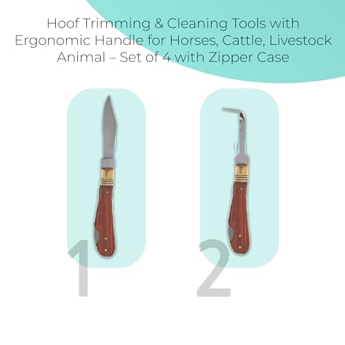 Professional Hoof Knife and Claws Interchangeable Stainless Steel Kit – Hoof Trimming & Cleaning Tools with Ergonomic Handle for Horses, Cattle, Livestock Animal - Zipper Case (Set of 4)