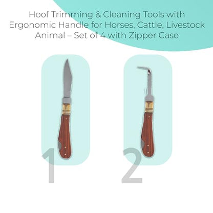 Professional Hoof Knife and Claws Interchangeable Stainless Steel Kit – Hoof Trimming & Cleaning Tools with Ergonomic Handle for Horses, Cattle, Livestock Animal - Zipper Case (Set of 4)