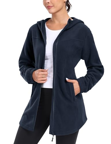 MoFiz Womens Long Soft Polar Fleece Jacket Full Zip with Hood - color: Jacket-navy Blue, size: Medium