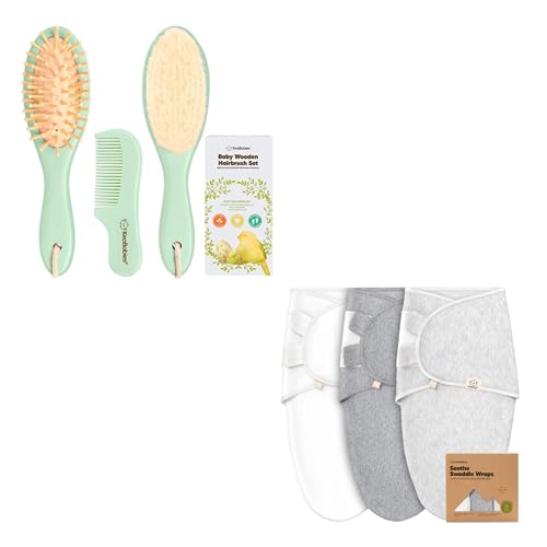 KeaBabies Baby Hair Brush and Comb Set and 3-Pack Baby Swaddle Sleep Sacks - Wooden Brush with Soft Goat Bristle, Newborn Swaddle Sack