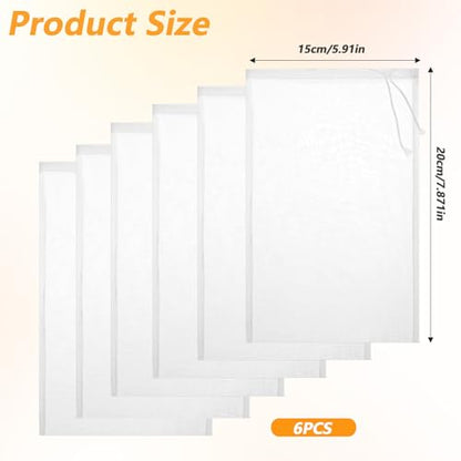 6 Pack Nut Bag Strainer 7.87 × 5.9 Inch Nut Milk Bag Reusable Nylon Mesh Bags 200 Mesh Fine Meshes Drawstring Bags for Straining Fruit Juice Coffee Tea Yogurt Cheese Coffee Almond