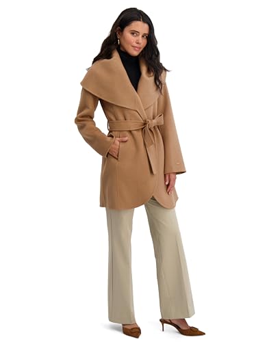 TAHARI Womens Double-faced Luxury Soft Wool Blend Peacoat Removable Belt Wool Coat Oversized Collar - color: Camel, size: X-Small