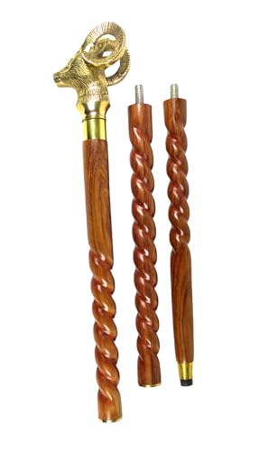 Handcrafted Spiral Brown Wooden Walking Stick with Brass Golden Wild Sheep Head Handle Foldable Durable Walking Cane for Seniors & Adults