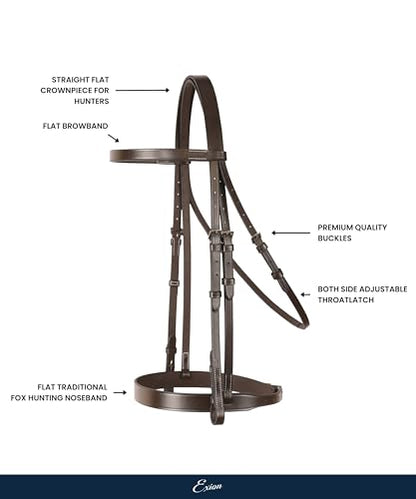 Exion Flat Hunter Bridle with Laced Reins – Classic English Leather Horse Bridle Set – Traditional Flat Browband & Broad Cavesson Noseband Tack, Brown Havana Choco, Cob Full Warmblood Sizing - color: Black, size: Pony/Small Size