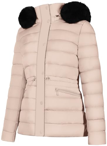 BodiLove Women's Fur Hooded Thickened Jacket with Fleece Lining - color: Beige-w/ Velvet Fur Trim, size: Medium