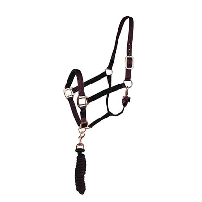 Majestic Ally Halter with Lead Rope for Horses–Adjustable Chin and Crown–Rolled Throat Latch with Replaceable Snap–Padded Noseband–Heavy Duty Rose Gold Finish Hardware - color: Black