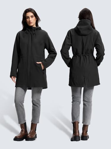 SaphiRose Women's Waterproof Rain Jacket with Fleece Lining Hooded Windbreaker Long Warm Outdoor Softshell Coat - color: Black, size: Medium
